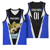 Custom Walleye Fishing Basketball Jersey with Jumping Fish Splash and Blue Black Hexagon Pattern - Wonder Print Shop