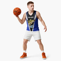 Custom Walleye Fishing Basketball Jersey with Jumping Fish Splash and Blue Black Hexagon Pattern - Wonder Print Shop