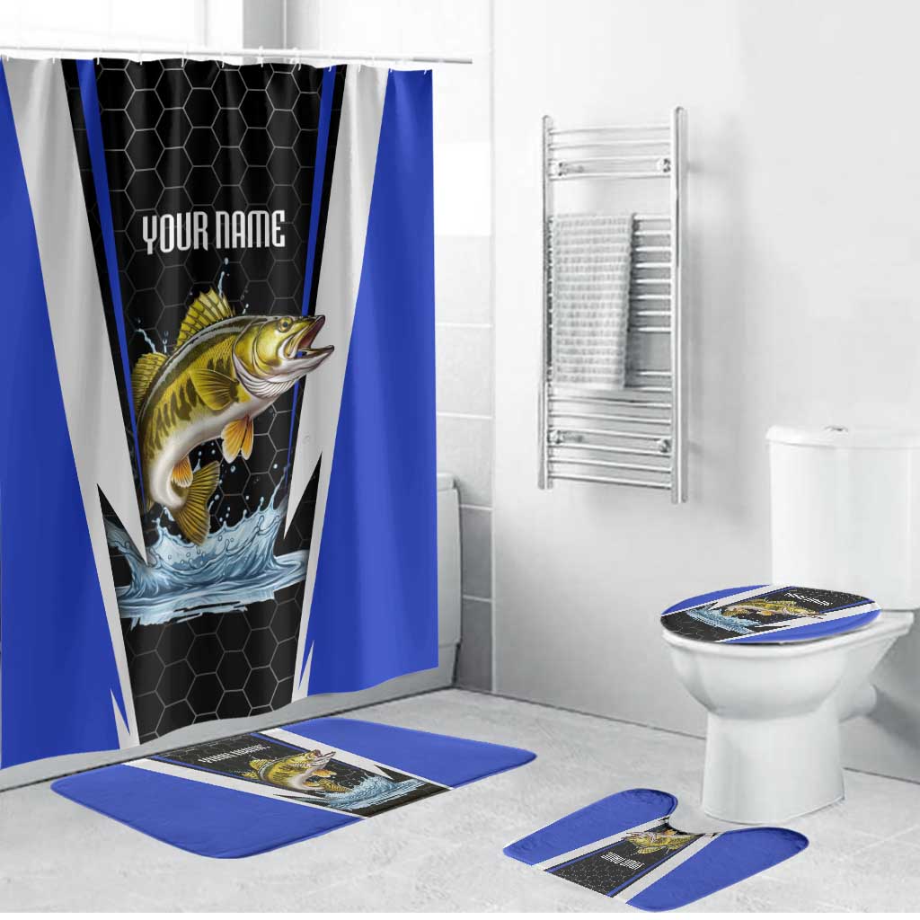 Custom Walleye Fishing Bathroom Set with Jumping Fish Splash and Blue Black Hexagon Pattern - Wonder Print Shop