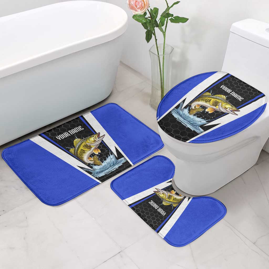 Custom Walleye Fishing Bathroom Set with Jumping Fish Splash and Blue Black Hexagon Pattern - Wonder Print Shop
