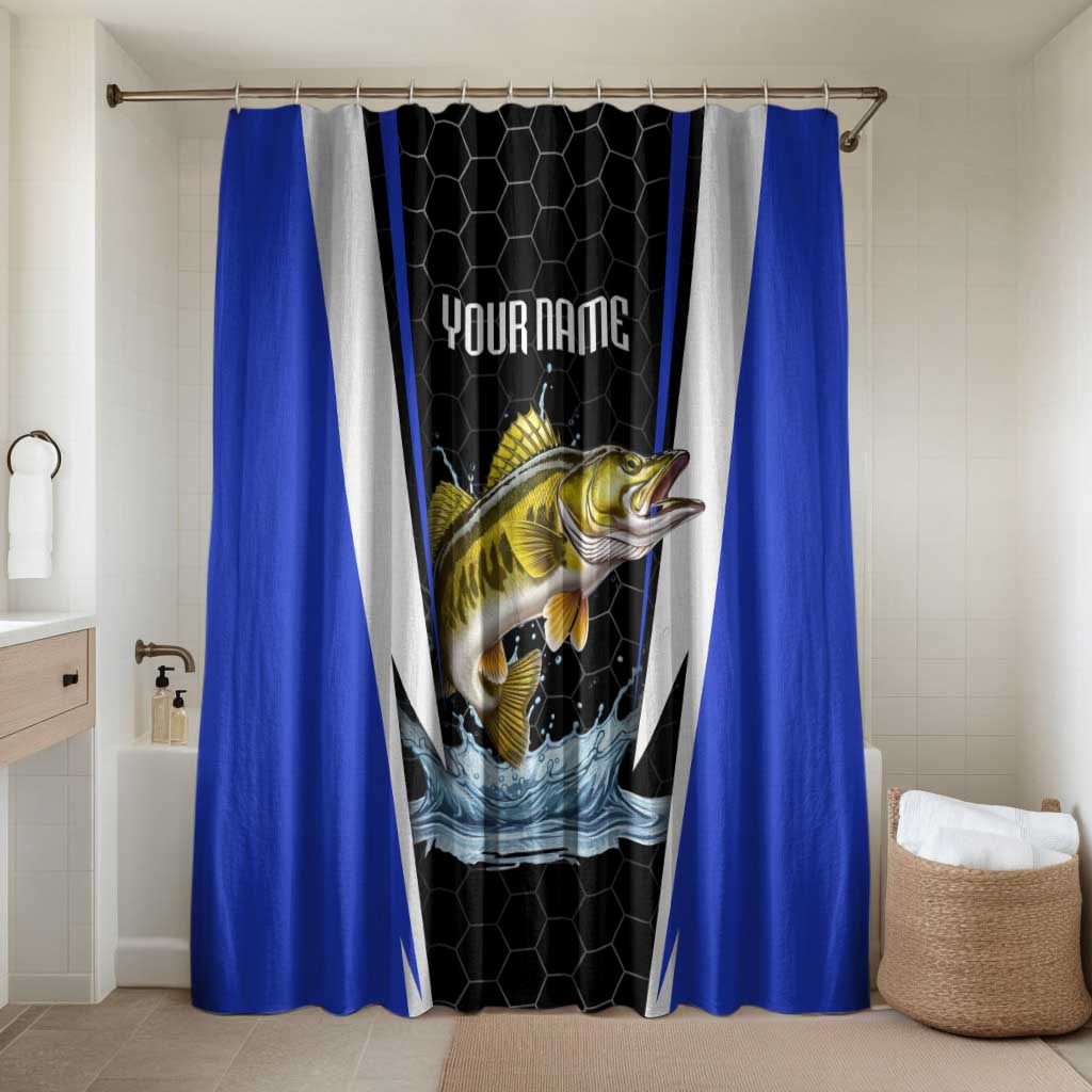 Custom Walleye Fishing Bathroom Set with Jumping Fish Splash and Blue Black Hexagon Pattern - Wonder Print Shop