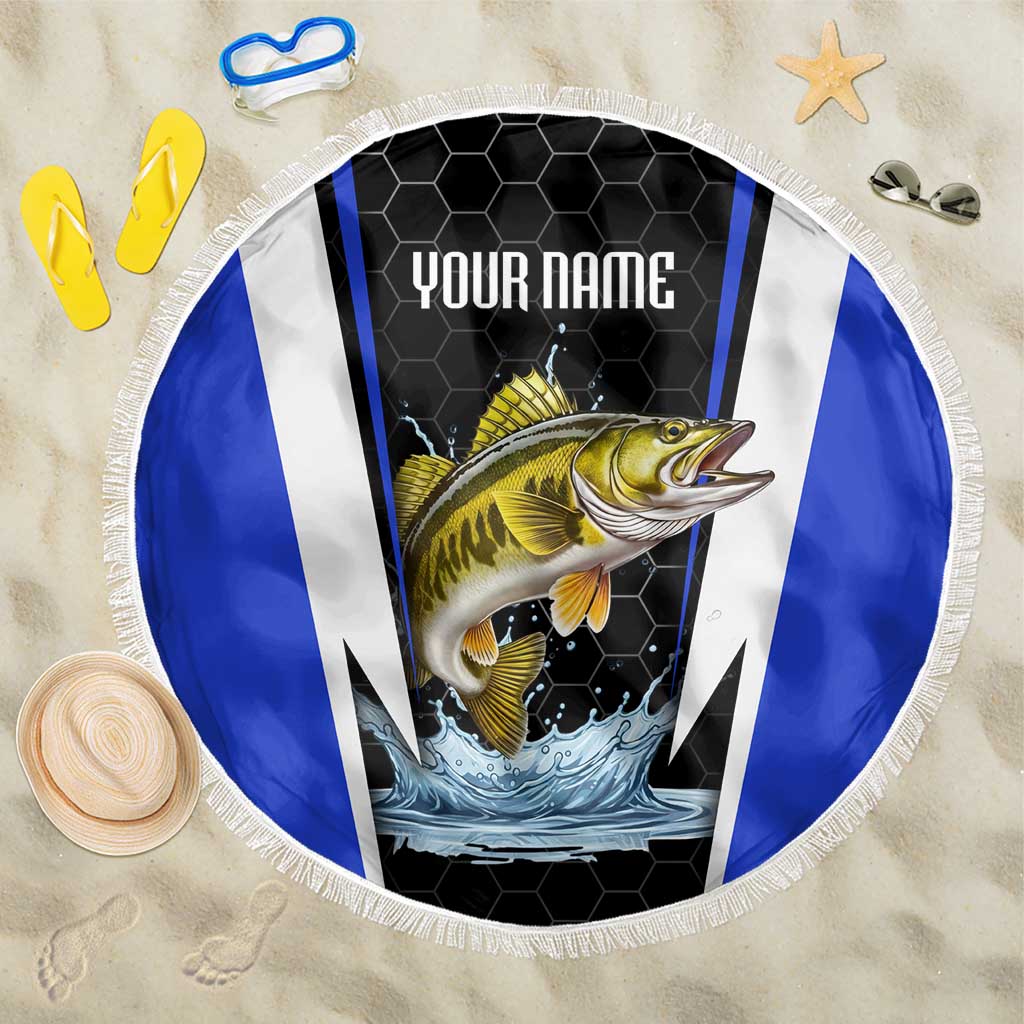 Custom Walleye Fishing Beach Blanket with Jumping Fish Splash and Blue Black Hexagon Pattern - Wonder Print Shop