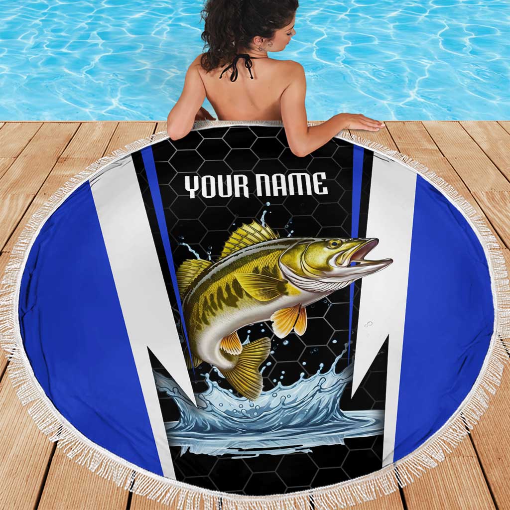 Custom Walleye Fishing Beach Blanket with Jumping Fish Splash and Blue Black Hexagon Pattern - Wonder Print Shop