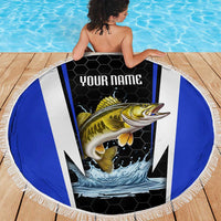 Custom Walleye Fishing Beach Blanket with Jumping Fish Splash and Blue Black Hexagon Pattern - Wonder Print Shop