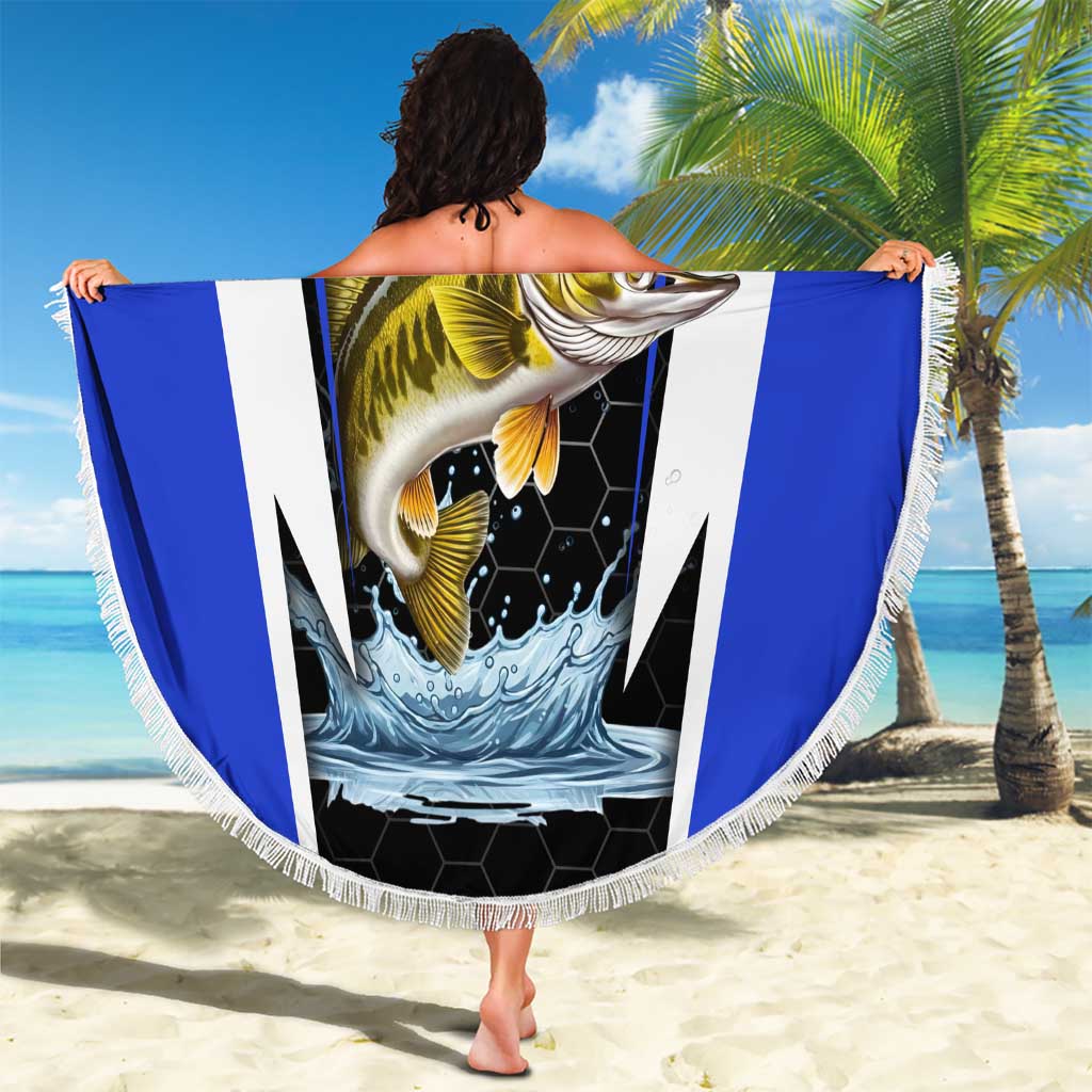 Custom Walleye Fishing Beach Blanket with Jumping Fish Splash and Blue Black Hexagon Pattern - Wonder Print Shop