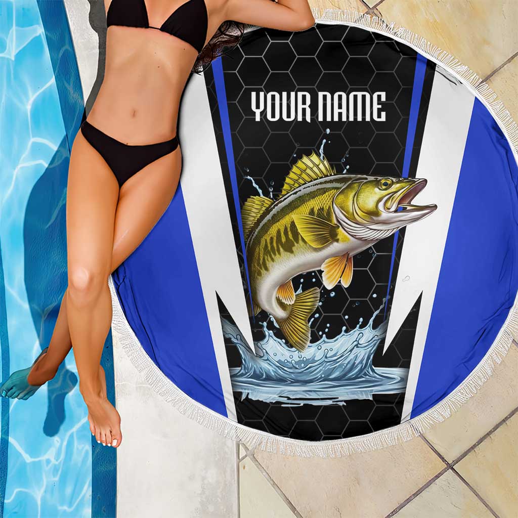 Custom Walleye Fishing Beach Blanket with Jumping Fish Splash and Blue Black Hexagon Pattern - Wonder Print Shop