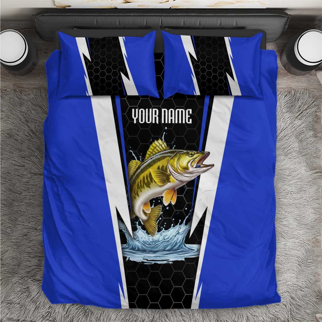 Custom Walleye Fishing Bedding Set with Jumping Fish Splash and Blue Black Hexagon Pattern - Wonder Print Shop