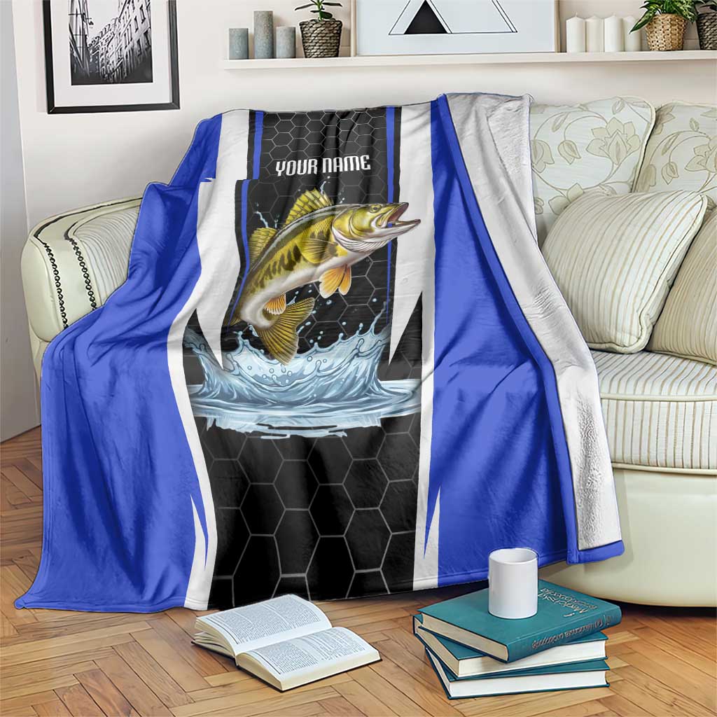 Custom Walleye Fishing Blanket with Jumping Fish Splash and Blue Black Hexagon Pattern - Wonder Print Shop