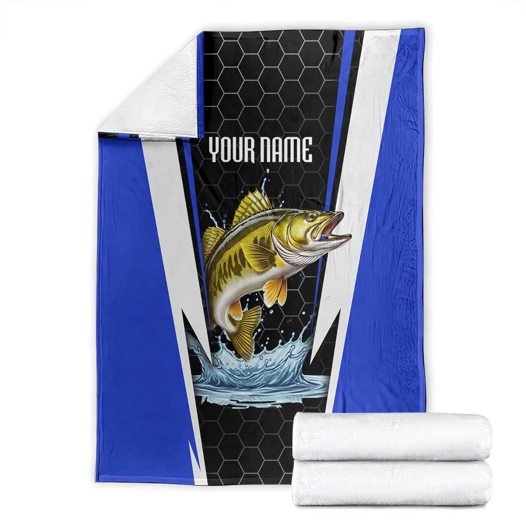 Custom Walleye Fishing Blanket with Jumping Fish Splash and Blue Black Hexagon Pattern - Wonder Print Shop