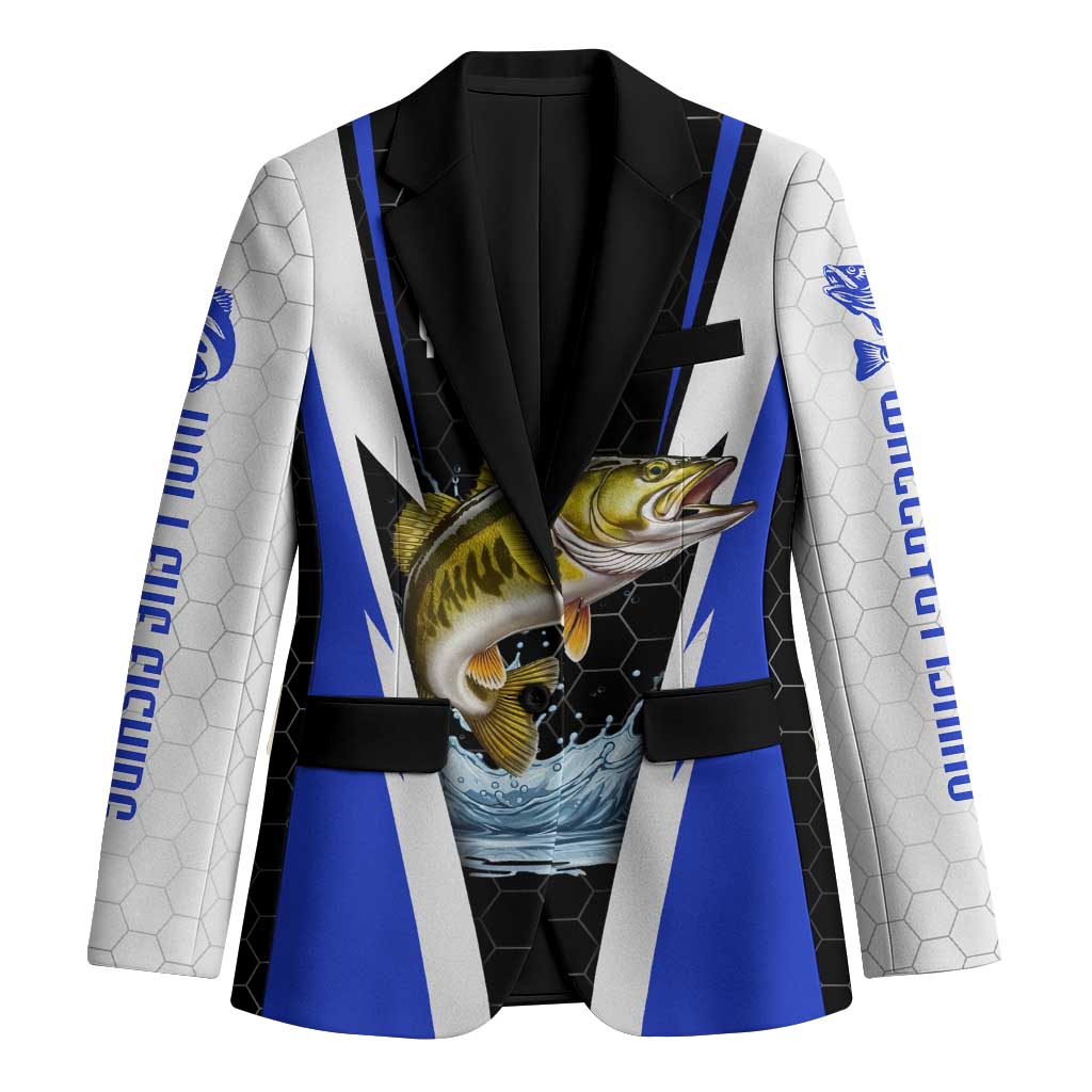 Custom Walleye Fishing Blazer with Jumping Fish Splash and Blue Black Hexagon Pattern - Wonder Print Shop