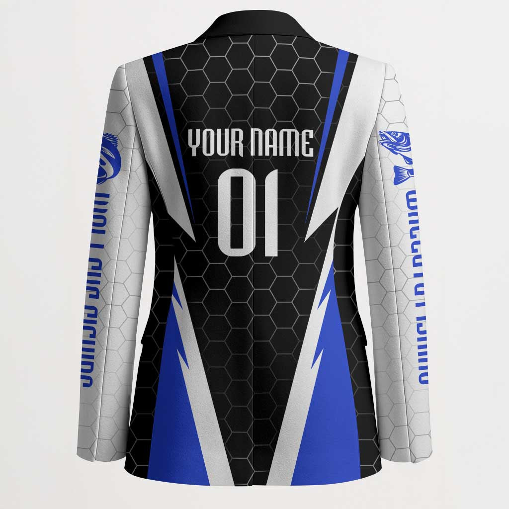 Custom Walleye Fishing Blazer with Jumping Fish Splash and Blue Black Hexagon Pattern - Wonder Print Shop