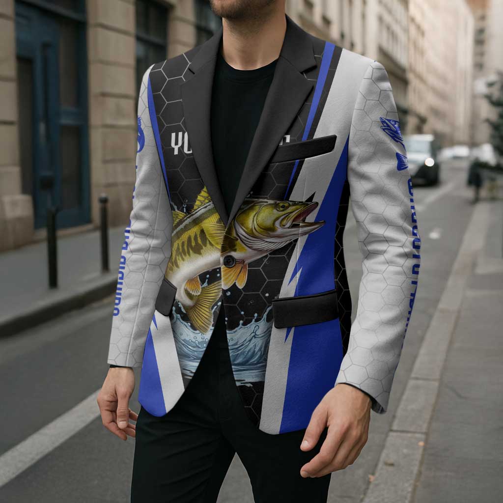 Custom Walleye Fishing Blazer with Jumping Fish Splash and Blue Black Hexagon Pattern - Wonder Print Shop