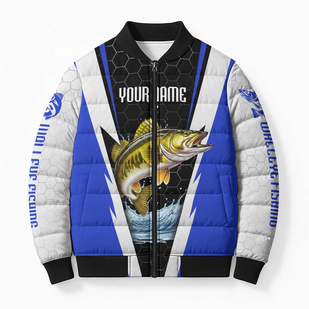Custom Walleye Fishing Bomber Puffer Jacket with Jumping Fish Splash and Blue Black Hexagon Pattern - Wonder Print Shop