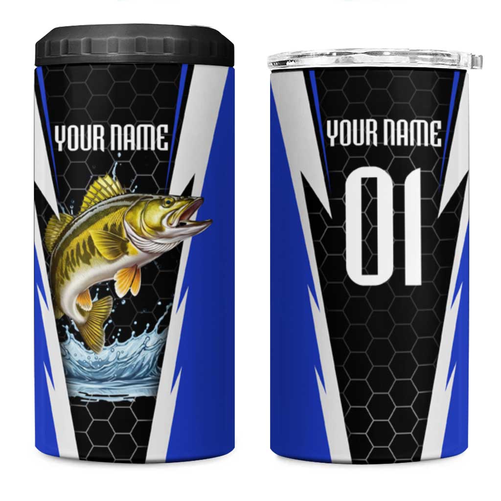 Custom Walleye Fishing 4 in 1 Can Cooler Tumbler with Jumping Fish Splash and Blue Black Hexagon Pattern - Wonder Print Shop