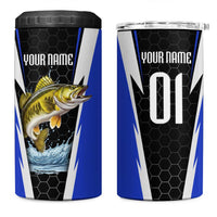 Custom Walleye Fishing 4 in 1 Can Cooler Tumbler with Jumping Fish Splash and Blue Black Hexagon Pattern - Wonder Print Shop