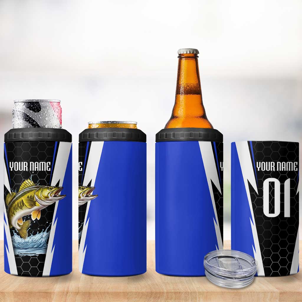 Custom Walleye Fishing 4 in 1 Can Cooler Tumbler with Jumping Fish Splash and Blue Black Hexagon Pattern - Wonder Print Shop