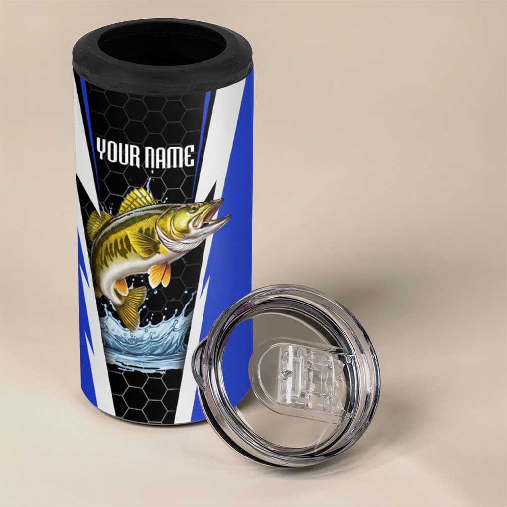 Custom Walleye Fishing 4 in 1 Can Cooler Tumbler with Jumping Fish Splash and Blue Black Hexagon Pattern - Wonder Print Shop