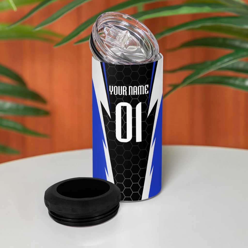 Custom Walleye Fishing 4 in 1 Can Cooler Tumbler with Jumping Fish Splash and Blue Black Hexagon Pattern - Wonder Print Shop