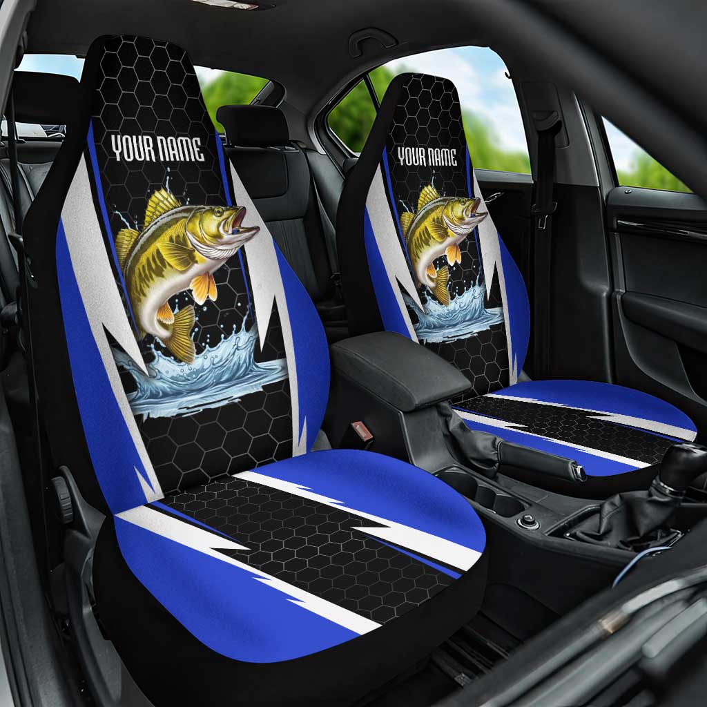 Custom Walleye Fishing Car Seat Cover with Jumping Fish Splash and Blue Black Hexagon Pattern - Wonder Print Shop