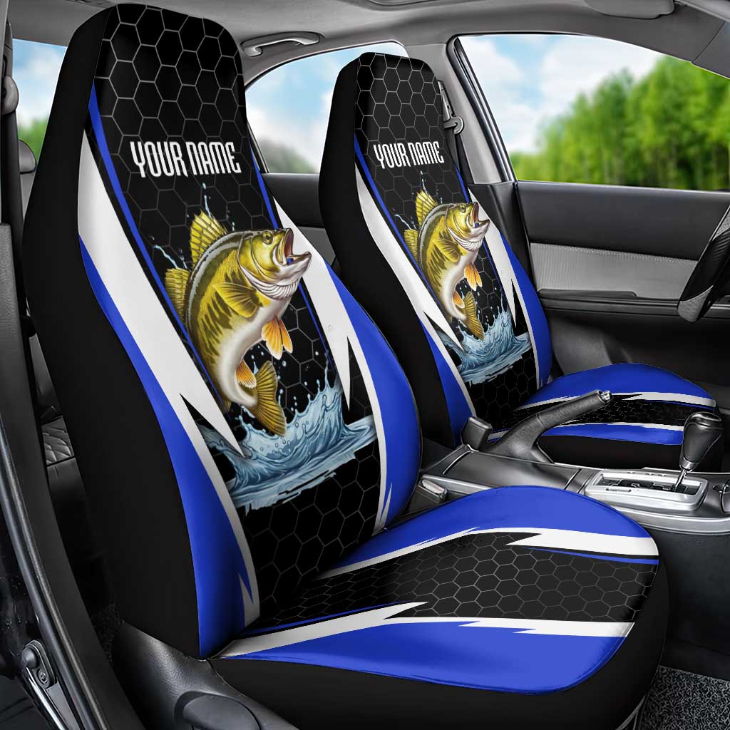Custom Walleye Fishing Car Seat Cover with Jumping Fish Splash and Blue Black Hexagon Pattern - Wonder Print Shop