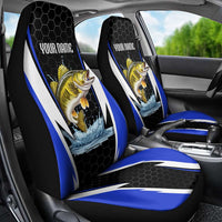 Custom Walleye Fishing Car Seat Cover with Jumping Fish Splash and Blue Black Hexagon Pattern - Wonder Print Shop