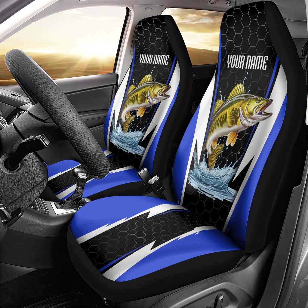 Custom Walleye Fishing Car Seat Cover with Jumping Fish Splash and Blue Black Hexagon Pattern - Wonder Print Shop