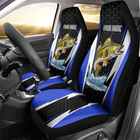 Custom Walleye Fishing Car Seat Cover with Jumping Fish Splash and Blue Black Hexagon Pattern - Wonder Print Shop