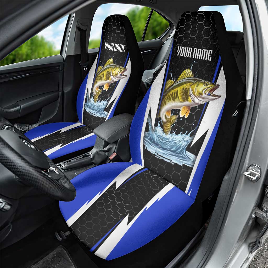 Custom Walleye Fishing Car Seat Cover with Jumping Fish Splash and Blue Black Hexagon Pattern - Wonder Print Shop