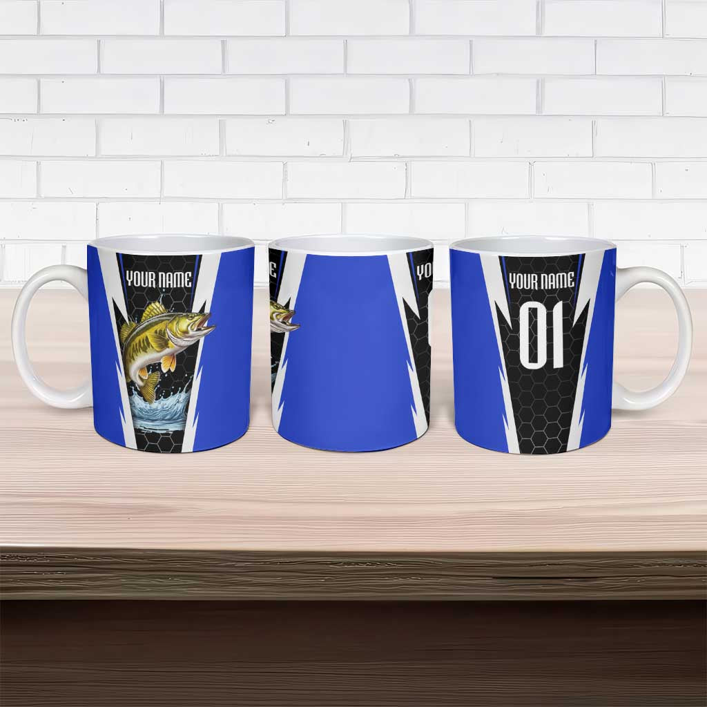 Custom Walleye Fishing Ceramic Mug with Jumping Fish Splash and Blue Black Hexagon Pattern - Wonder Print Shop