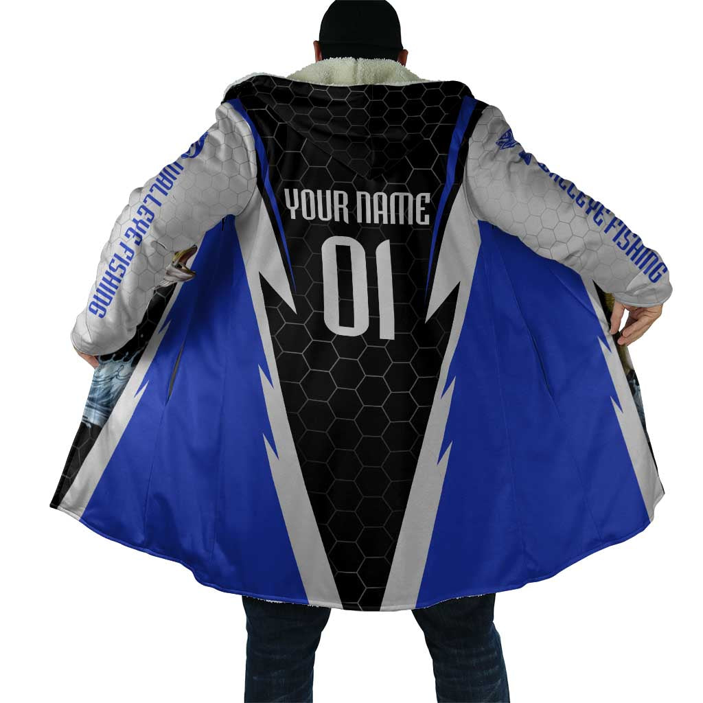 Custom Walleye Fishing Cloak with Jumping Fish Splash and Blue Black Hexagon Pattern - Wonder Print Shop