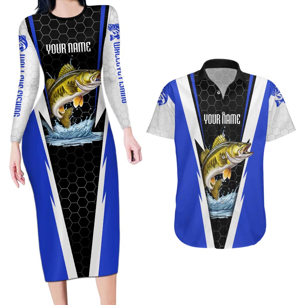 Custom Walleye Fishing Couples Matching Long Sleeve Bodycon Dress and Hawaiian Shirt with Jumping Fish Splash and Blue Black Hexagon Pattern - Wonder Print Shop