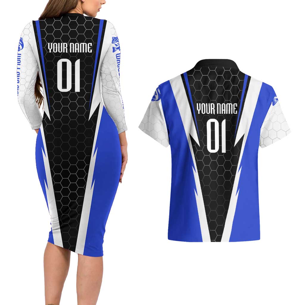 Custom Walleye Fishing Couples Matching Long Sleeve Bodycon Dress and Hawaiian Shirt with Jumping Fish Splash and Blue Black Hexagon Pattern - Wonder Print Shop