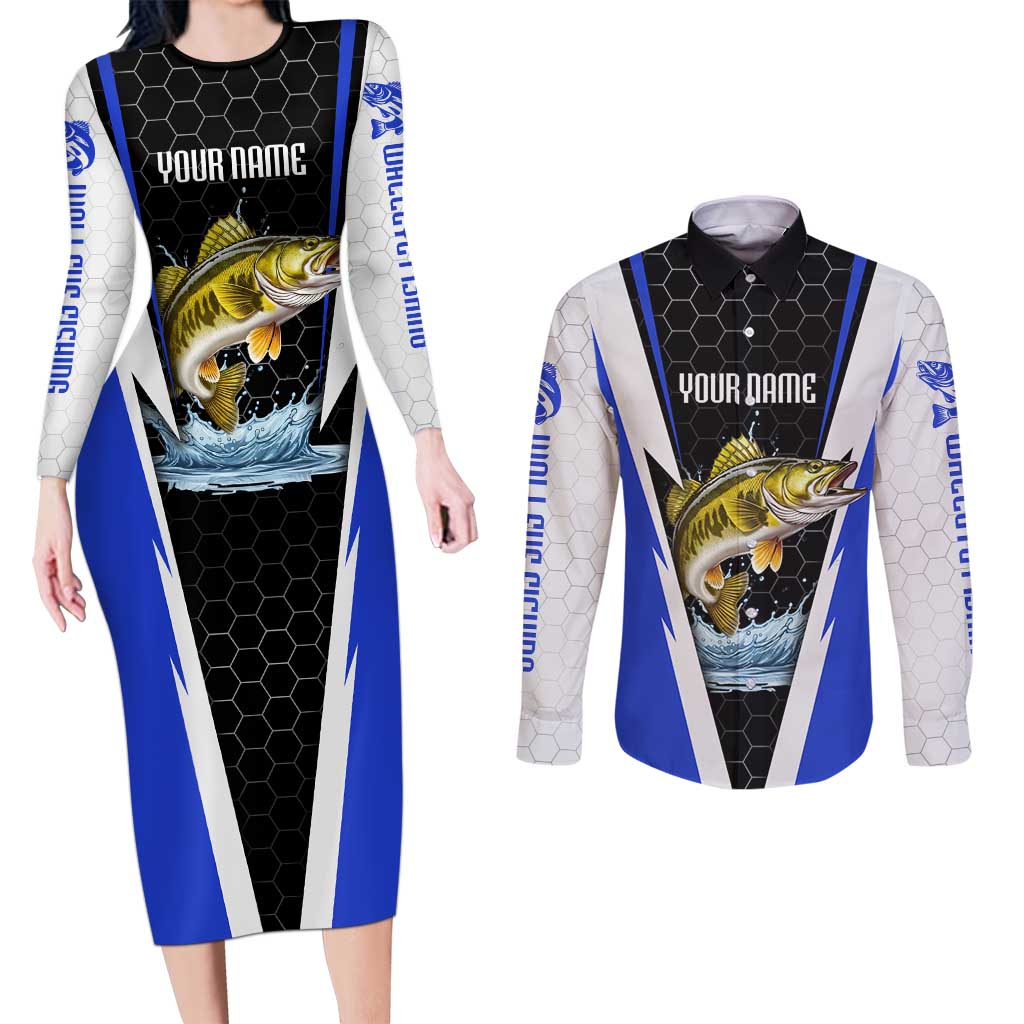 Custom Walleye Fishing Couples Matching Long Sleeve Bodycon Dress and Long Sleeve Button Shirt with Jumping Fish Splash and Blue Black Hexagon Pattern - Wonder Print Shop