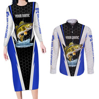 Custom Walleye Fishing Couples Matching Long Sleeve Bodycon Dress and Long Sleeve Button Shirt with Jumping Fish Splash and Blue Black Hexagon Pattern - Wonder Print Shop