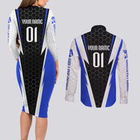 Custom Walleye Fishing Couples Matching Long Sleeve Bodycon Dress and Long Sleeve Button Shirt with Jumping Fish Splash and Blue Black Hexagon Pattern - Wonder Print Shop