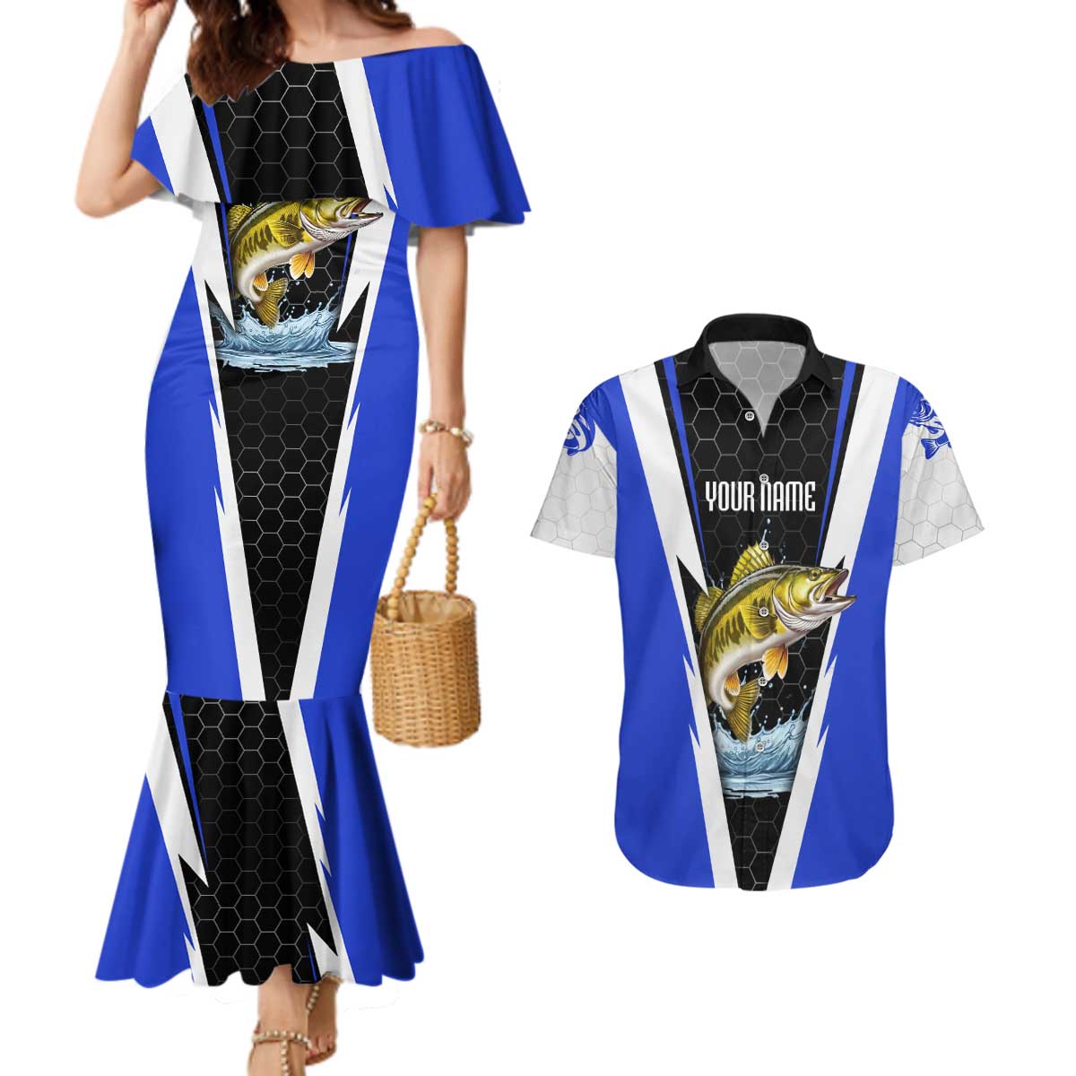 Custom Walleye Fishing Couples Matching Mermaid Dress and Hawaiian Shirt with Jumping Fish Splash and Blue Black Hexagon Pattern - Wonder Print Shop