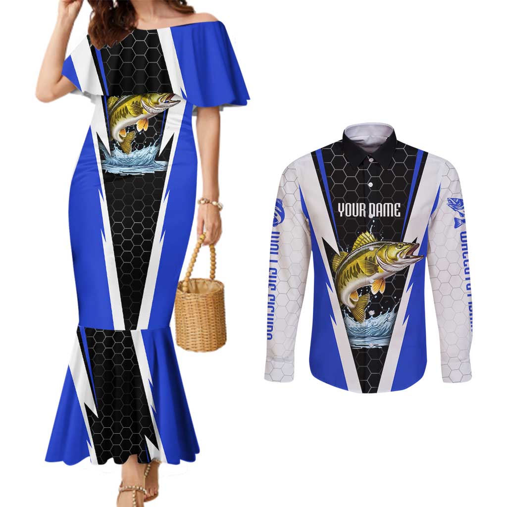 Custom Walleye Fishing Couples Matching Mermaid Dress and Long Sleeve Button Shirt with Jumping Fish Splash and Blue Black Hexagon Pattern - Wonder Print Shop