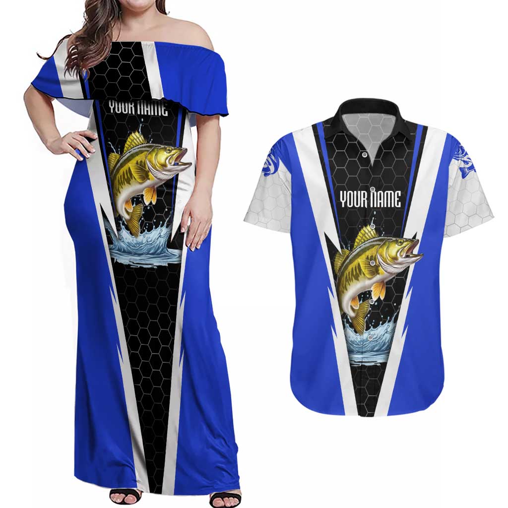 Custom Walleye Fishing Couples Matching Off Shoulder Maxi Dress and Hawaiian Shirt with Jumping Fish Splash and Blue Black Hexagon Pattern - Wonder Print Shop