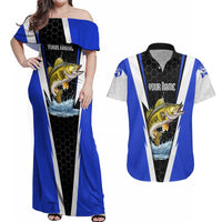 Custom Walleye Fishing Couples Matching Off Shoulder Maxi Dress and Hawaiian Shirt with Jumping Fish Splash and Blue Black Hexagon Pattern - Wonder Print Shop