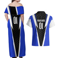 Custom Walleye Fishing Couples Matching Off Shoulder Maxi Dress and Hawaiian Shirt with Jumping Fish Splash and Blue Black Hexagon Pattern - Wonder Print Shop