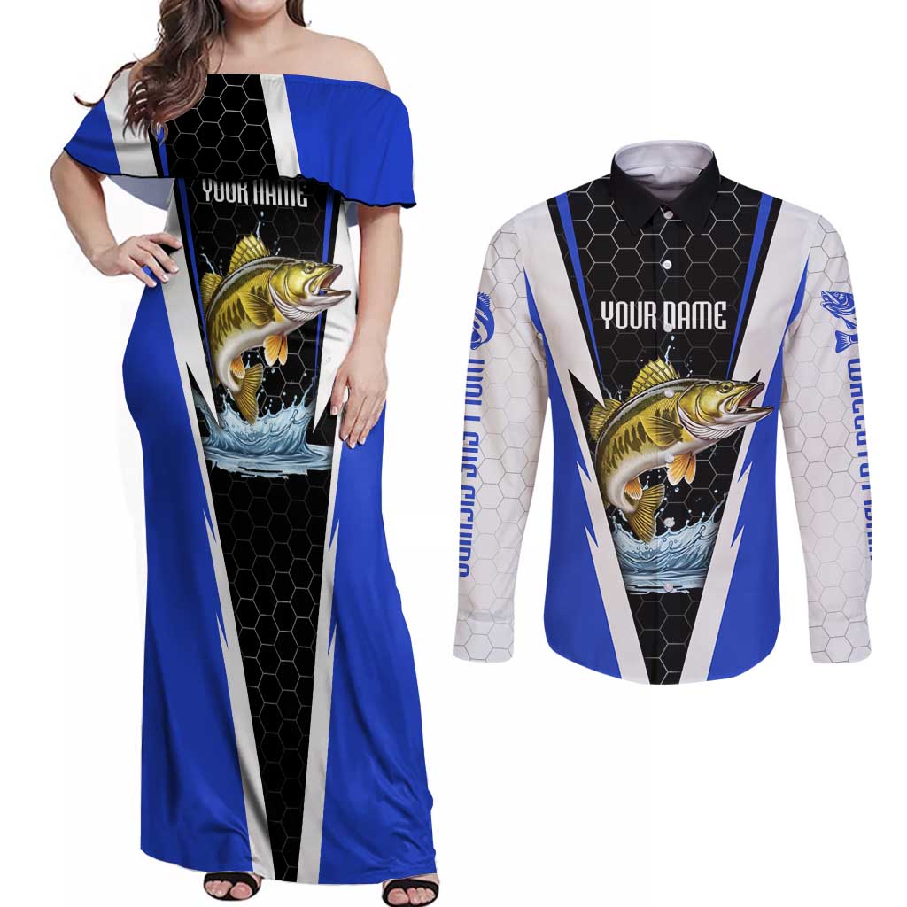 Custom Walleye Fishing Couples Matching Off Shoulder Maxi Dress and Long Sleeve Button Shirt with Jumping Fish Splash and Blue Black Hexagon Pattern - Wonder Print Shop