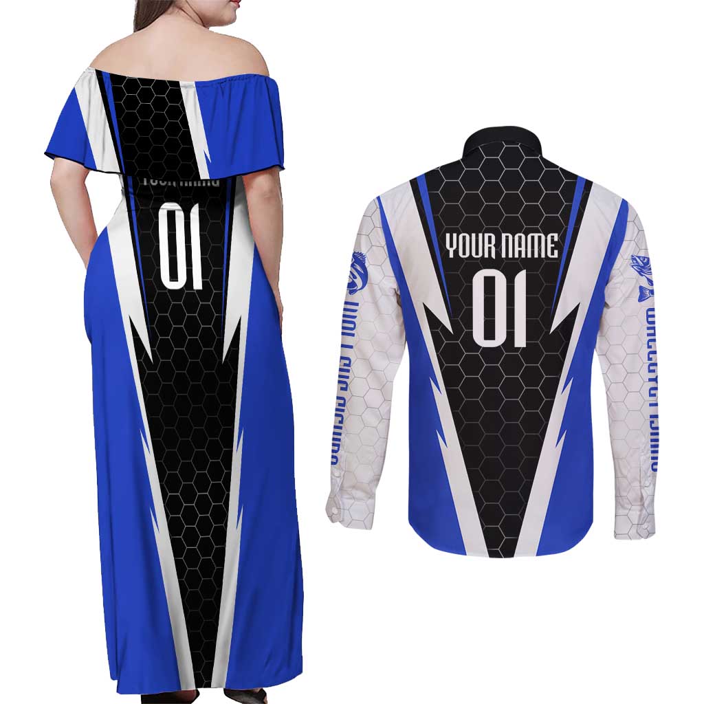 Custom Walleye Fishing Couples Matching Off Shoulder Maxi Dress and Long Sleeve Button Shirt with Jumping Fish Splash and Blue Black Hexagon Pattern - Wonder Print Shop