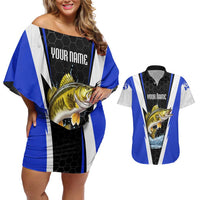 Custom Walleye Fishing Couples Matching Off Shoulder Short Dress and Hawaiian Shirt with Jumping Fish Splash and Blue Black Hexagon Pattern - Wonder Print Shop