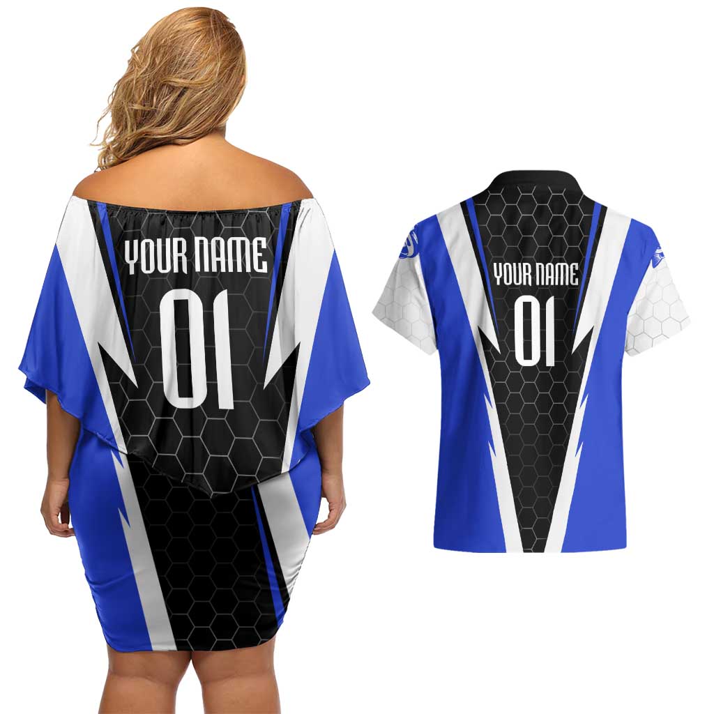 Custom Walleye Fishing Couples Matching Off Shoulder Short Dress and Hawaiian Shirt with Jumping Fish Splash and Blue Black Hexagon Pattern - Wonder Print Shop
