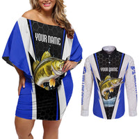 Custom Walleye Fishing Couples Matching Off Shoulder Short Dress and Long Sleeve Button Shirt with Jumping Fish Splash and Blue Black Hexagon Pattern - Wonder Print Shop