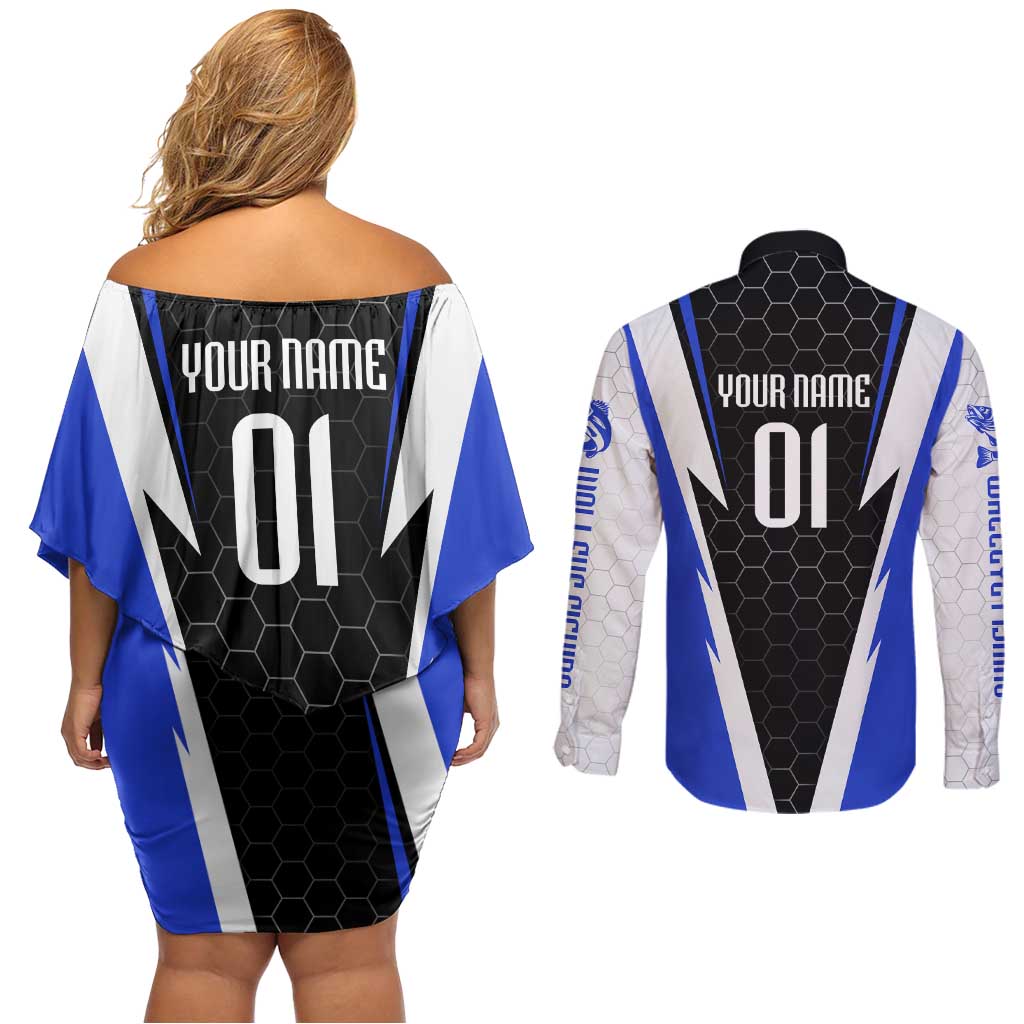 Custom Walleye Fishing Couples Matching Off Shoulder Short Dress and Long Sleeve Button Shirt with Jumping Fish Splash and Blue Black Hexagon Pattern - Wonder Print Shop
