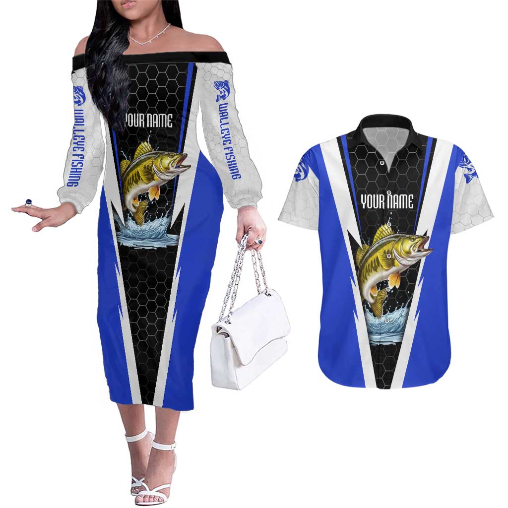 Custom Walleye Fishing Couples Matching Off The Shoulder Long Sleeve Dress and Hawaiian Shirt with Jumping Fish Splash and Blue Black Hexagon Pattern - Wonder Print Shop