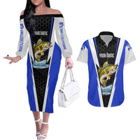 Custom Walleye Fishing Couples Matching Off The Shoulder Long Sleeve Dress and Hawaiian Shirt with Jumping Fish Splash and Blue Black Hexagon Pattern - Wonder Print Shop