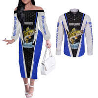 Custom Walleye Fishing Couples Matching Off The Shoulder Long Sleeve Dress and Long Sleeve Button Shirt with Jumping Fish Splash and Blue Black Hexagon Pattern - Wonder Print Shop