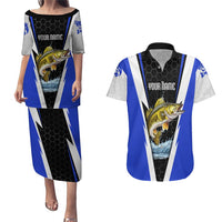 Custom Walleye Fishing Couples Matching Puletasi and Hawaiian Shirt with Jumping Fish Splash and Blue Black Hexagon Pattern - Wonder Print Shop
